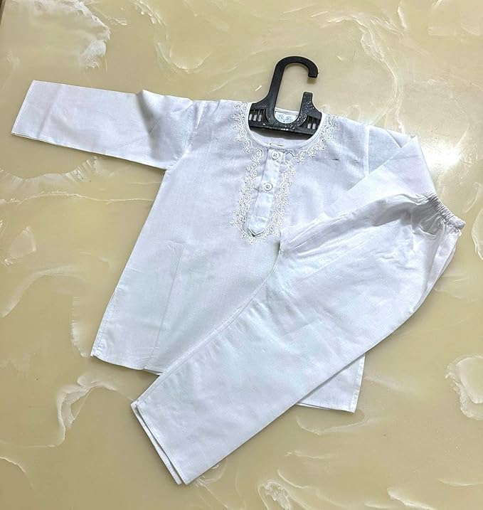 Trisav Cotton embroided kurta pajama for kids(Unisex) (White, 5-6 years) - Image 2 thumbnail