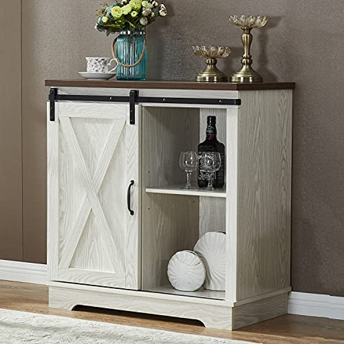 Mixcept Modern Farmhouse Storage Cabinet, Kitchen Buffet Server with Sliding Barn Door (White Wash+Walnut)