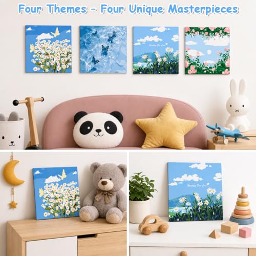 Image of HASTHIP 4PCS DIY Acrylic Paint by Numbers Kit with Frame, Floral & Landscape Canvas Art Set, Acrylic Paints & Brushes Included, Wall Decor Craft Kit for Adults & Beginners, 20x20cm