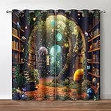 Jekeno Vintage Bookshelf Blackout Curtains Books Bookcase Mysterious Tree Flowers Planet Starry Sky Decor for Bedroom Study Classroom Living Room Darkening Grommet Window Drapes 2 Panel Set, 52'x84'
