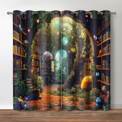 Jekeno Vintage Bookshelf Blackout Curtains Books Bookcase Mysterious Tree Flowers Planet Starry Sky Decor for Bedroom Study Classroom Living Room Darkening Grommet Window Drapes 2 Panel Set, 52"x84"