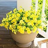 Artificial Mums for Outdoors Fake Fall Flowers Plants for Autumn Decoration, 12 Bundles Silk Morning Glory with Eucalyptus Look Real UV Resistant Yellow Faux Mums for Outside Planters Front Door Yard