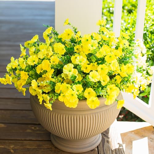 Artificial Flowers for Outdoors Fake Flowers Plants for Spring Summer Decor 12 Bundles Silk Morning Glory with Eucalyptus Look Real UV Resistant Yellow Faux Flowers for Outside Planters Yard Patio