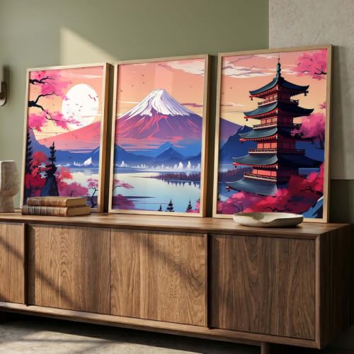 Image of kotart Big Aesthetic Mount Fuji Wall Art Paintings | Mountain Landscape Framed Painting | Nature Art Vastu Frames for Living Room Bedroom Wall Decor Set Of 3 (10X13 inch)