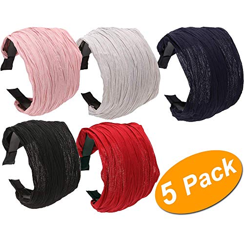 LONEEDY 5 Pack Wide Hard Headband with Teeth for Women, Girlss Hair Band Pleated Cloth Fabric Hair Hoop Accessories (Mixed colors A)