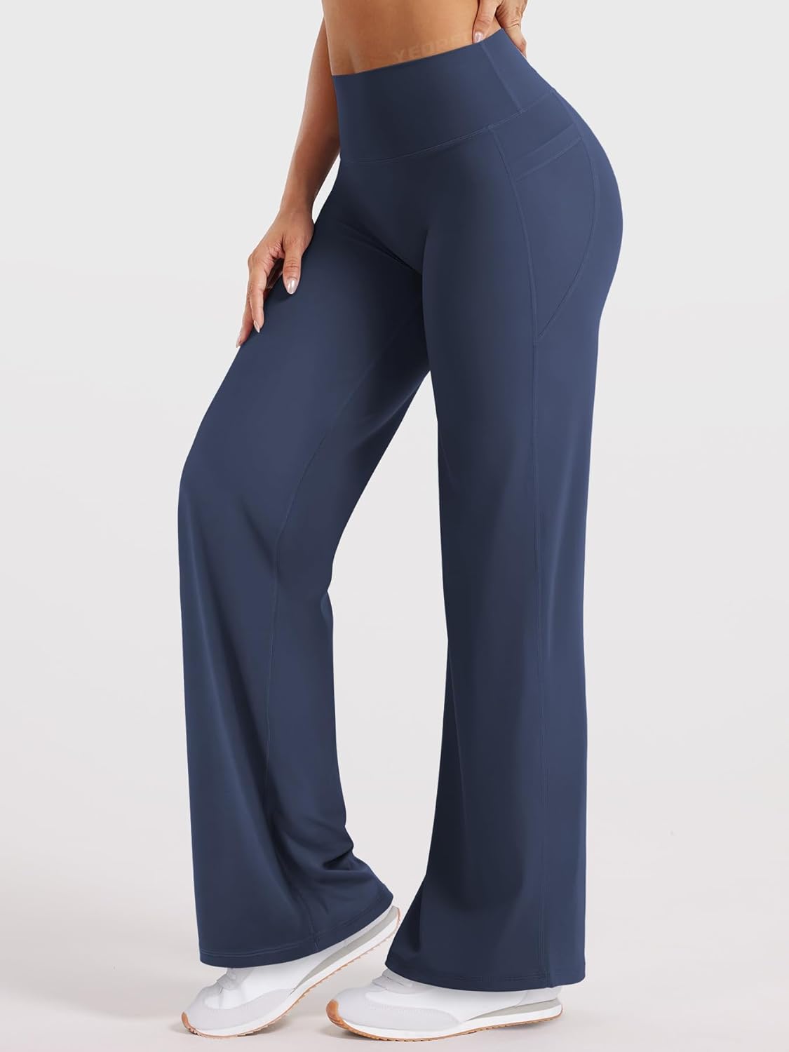 YEOREO Straight Leggings with Pockets for Women No Front Seam Workout Leggings High Waist Wide Leg Yoga Pants - 29"/ 31.5" - Image 2