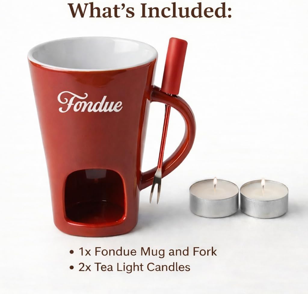 Red Chocolate Fondue Mug with Tealight & Fork – Ceramic Single-Serve Fondue Cup for Chocolate & Cheese Dipping