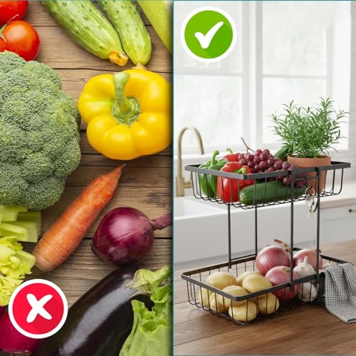 Image of Go Hooked 2 Tier Metal Fruit Basket for Dining Table | Countertop Wire Storage Stand for Fruits, Vegetables, Bread & Daily Essentials | Multipurpose Metal Vanity & Home Organizer for Counter Spaces
