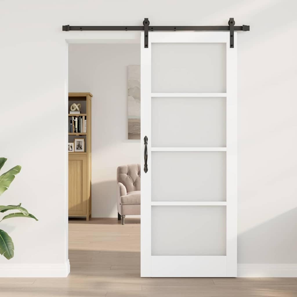 Puerta corredera ORKDAL blanca 83x211cm Madera maciza de pino y vidrio con riel y ruedas para sala de estar dormitorio deslizamiento silencioso duradero fácil montaje estilo moderno