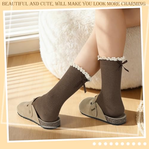 Image of 6 Pairs Womens Bow Socks Ruffle Casual Crew Socks Cute Black White Soft Breathable Cotton Frilly Ankle Socks