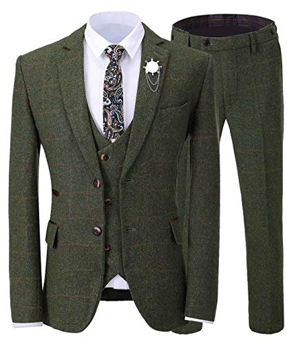 Mens Plaid Tweed Wedding Suit Premium Prom Tuxedos 3 Pieces Notch Lapel Tailored Fit Blazer