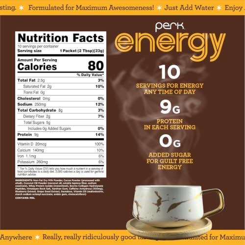 Image of Perk Energy Drink Mix (Chai Latte) 10 Stick Packs, Gluten-Free, Soy-Free | Caffeinated Healthy Coffee Alternative with Protein, 100mg of Caffeine, Peanut-Free