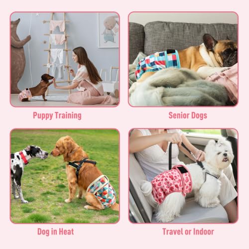 Image of Langsprit Female Dog Diapers for Doggie Puppy,Reusable Dog Period Diapers Female for Heat Peeing,Small Medium Large Doggy Diaper Washable,Dogs Pants 5 Pack, Colorful Geometric, XX-Large
