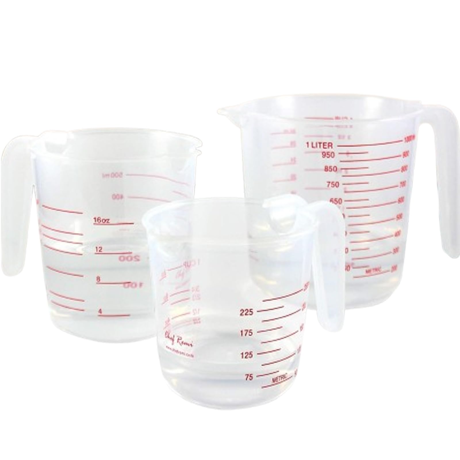NTEK Measuring Jugs Set of 3 โ 250ml, 500ml, 1000ml Clear Plastic Measuring Cups โ BPA Free, Stackable Jugs with Handle โ Easy Read Markings โ UK & US Measurements โ Ideal for Cooking & Baking