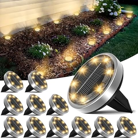 LOTMOS 12 pcs LED Solar Powered In-Ground Lights Pathway Garden Yard Lawn Walkway Driveway Lighting With Auto On/Off And Easy To Install, Solar Ground Lights For Pathway Yard Walkway Patio, Warm White Cover