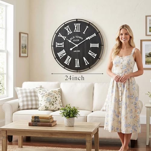 Image of EMAX HOME 24 Inch Vintage London Style Wall Clock, Black Wood Grain Background with White Roman Numerals, Rustic Metal Frame, Silent Non-Ticking Clock for Fireplace Mantel, Entryway, or Dining Area.