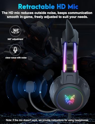 ONITOON Lightweight Gaming Headset, RGB Lighting, Wired Over Ear Headphones with Mic for PC Laptop PS4 PS5 Switch, Stereo Surround Sound, Self-Adjusting Headband, Black Cat Ear - 4