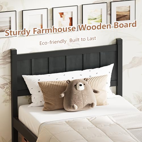 Image of Twin Size Vintage Bed Frame with Headboard, Farmhouse Wooden Platform Bed with Under-Bed Storage, Minimalist Modern Wood Grain Finish Bedframe for Bedroom (Black)
