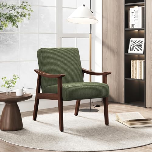 Image of Yaheetech Corduroy Accent Chair, Mid-Century Modern Armchair with Solid Wood Legs, Reading Leisure Chair with High Back for Living Room Bedroom Waiting Room, Set of 2, Dark Green