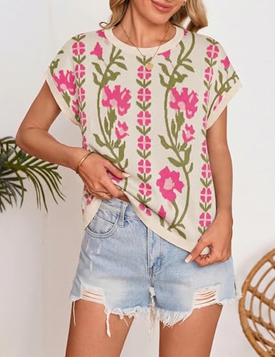 Image of ZESICA Women's Summer Trendy Knit Top 2026 Floral Print Short Sleeve Crewneck Loose Fit Sweater Vest Going Out Clothes