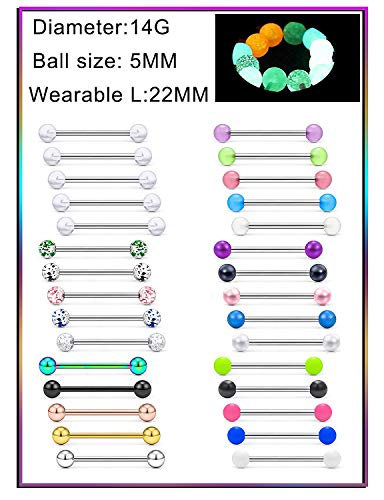 Prjndjw 14G, 7/8In(22Mm) L, 30Pcs, 5Mm Ball Barbell Tongue Ring. Surgical Steel Nipple Piercing/Glow In The Dark/Created Pearl/Body Jewelry For Woman Unisex #TOP5