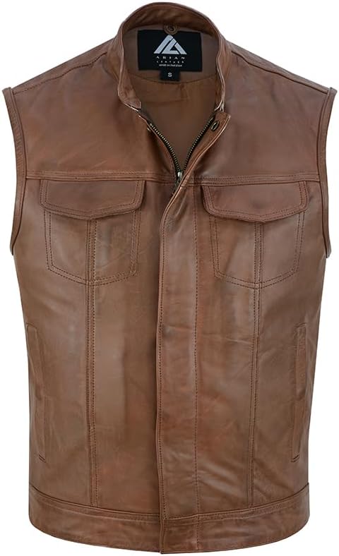 Men’s Collarless Leather Motorcycle Vest – SOA Style Biker Waistcoat with Adjustable Side Laces & Concealed Pockets