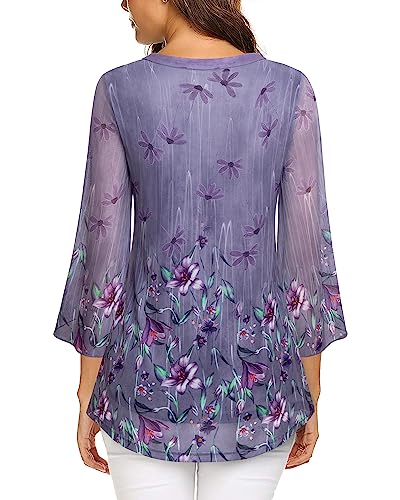 VALOLIA Women's 3/4 Sleeve Floral Tunic Tops V Neck Double Layers Loose Fit Mesh Blouses Shirt4