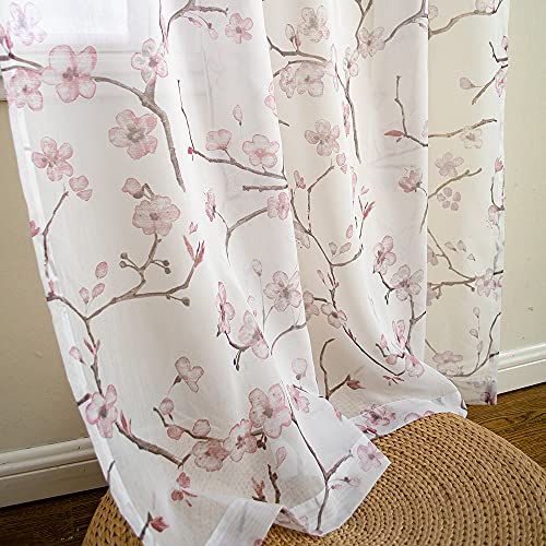 Linentalks Floral Pink Sheer Curtains 84 Inches Long 2 Panels Set, Cherry Flower Semi Sheer Blush Curtains For Living Room, Rod Pocket Sheer Pink Curtains For Girls Bedroom, Light Pink Curtain Drapes #TOP4