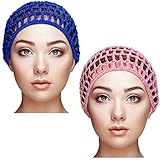 Geyoga 2 Pieces Mesh Crochet Hair Net Rayon Knit Snood Hat Cover Crocheted Sleep Cap for Women (Pink, Blue)