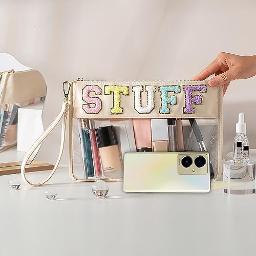 Chenille Letter Clear Bag, Chenille Letter Stuff Pouch Varsity Letter Bag Nylon Clear Cosmetic Bag Clear Zipper Pouches Clear Makeup Bags Clear Travel Bags Clear Tote Bags for Women Girls (Off-white) - Image 5