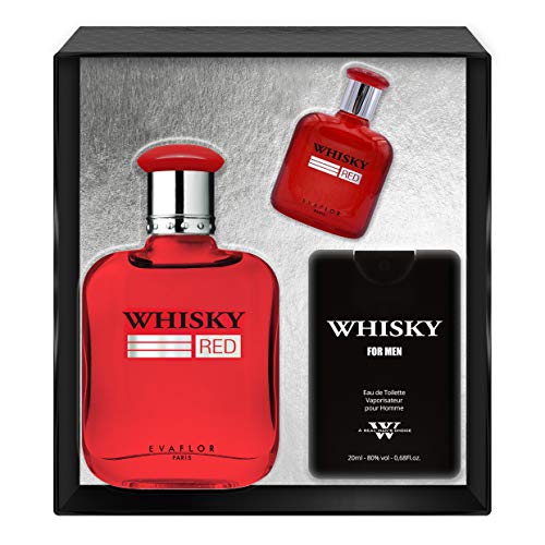 EVAFLORPARIS Whisky Red Coffret pour Homme Eau de Toilette 100 ml + Miniature 7.5 ml + Parfum de Voyage 20 ml Vaporisateur Spray Parfum Homme 127.5 ml