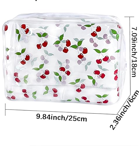 2PCS Red Cherry Transparent PVC Cosmetic Bag, Portable Waterproof Storage Bag for Girls' Cosmetics and Toiletries. (Cherry printing L-2pcs)3