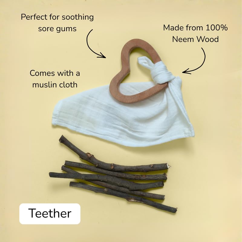 Image of Baby Gift Set - Preet | Newborn Gift Set with Muslin Swaddle, Heart Rattle, Rolling Toy & Neem Wood Teether | Handmade in India | Non Toxic Baby Gift
