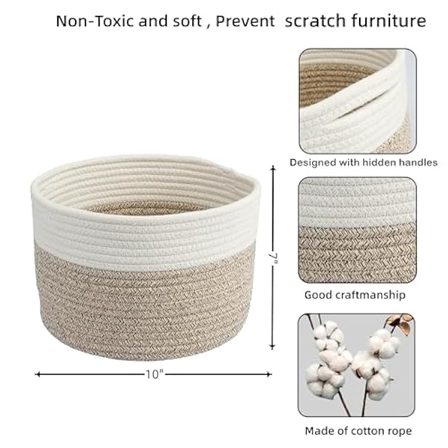 Woven Cotton Storage Baskets - 3-Pack Round Bins (10x10x7'') for Shelves, Closets & Bookcases | Durable Rope Organizers for Nursery, Baby, Toys, Easter & More white and brown