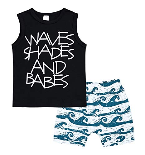 Toddler Baby Boys Clothes Shark Vest Top and Stripe Shorts Summer Outfit Beach Set (Black,18-24 Months)