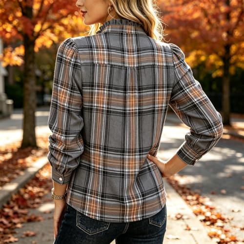 moolBeko Womens Plaid Shirt Dressy Casual Long Sleeve Henley Ruffle Shirt - image 7