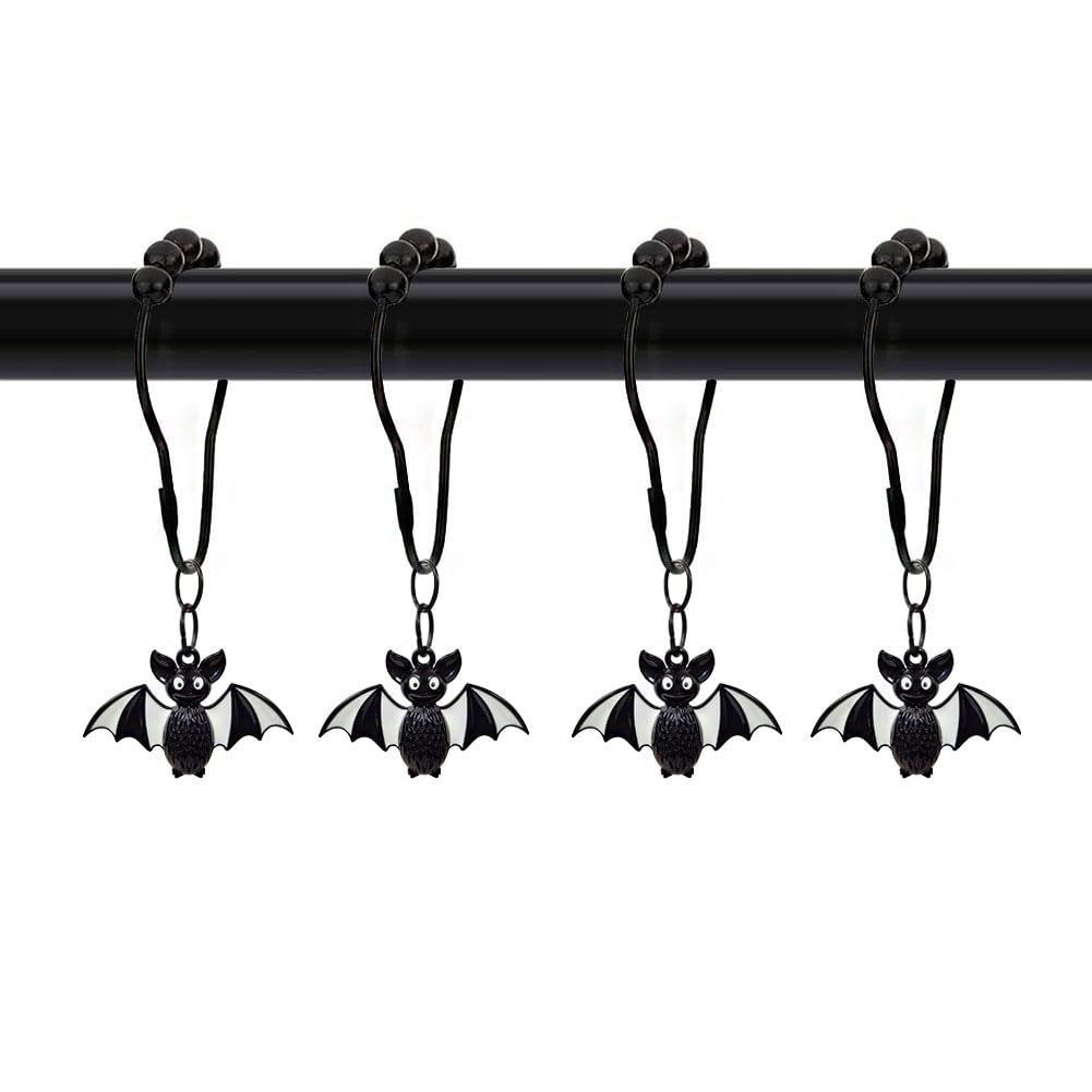 Black Bats Shower Curtain Hooks Set of 12 for Halloween Party Supplies Haunted House Decoration, Metal Stainless Steel Rustproof Black Shower Curtain Hooks Rings (Black)