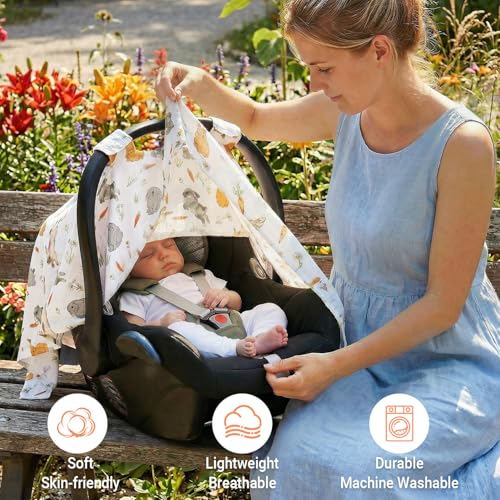 Image of Metplus Car Seat Cover Baby, 100% Muslin Cotton Infant Carseat Covers for Boys and Girls, Lightweight Breathable Canopy, Summer Stroller Sun Shade, Newborn Travel Essentials(Rabbit)