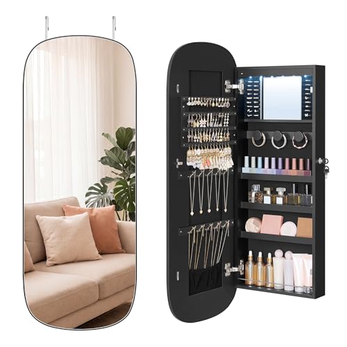 Image of SONGMICS HOME Jewelry Armoire, Mirror Jewelry Cabinet, Full Length Mirror with Storage, Wall or Over The Door Jewelry Organizer Cabinet, Built-in LED, Lockable Armoire, Black