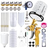 Fulchron HVLP Spray Gun with 1.4/1.7/2.0/2.5/3.0mm 5 Nozzles, Air Spray Paint Gun W/10Pcs 600CC Disposable Paint Mixing Cups and Lids, Automotive Gravity Feed Paint Gun Kit for Car Painting (Gold)