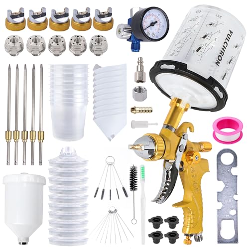 Fulchron HVLP Spray Gun with 1.4/1.7/2.0/2.5/3.0mm 5 Nozzles, Air Spray Paint Gun W/10Pcs 600CC Disposable Paint Mixing Cups and Lids, Automotive Gravity Feed Paint Gun Kit for Car Painting (Gold)