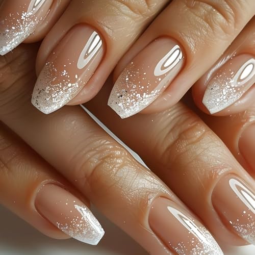 Ombre Press on Nails Short Coffin Fake Nails Nude Acrylic Nails Glitter Glue on Nails Medium Gradation  Nails Press on Glossy Nature Stick on Nails for Women Girls Manicure 24Pcs