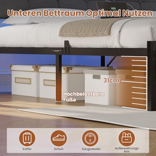 AOGLLATI Polsterbett 140x200 mit Ladestation Bett 140X200 mit LED-Beleuchtung,Bettgestell mit Lattenrost Metallbett Jugendbett mit Kopfteil aus Leinenstoff (140×200cm)