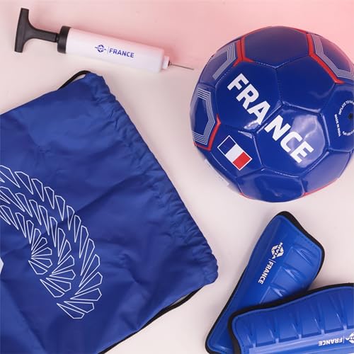 Image of Nivia Football Combo Pack of 4, 1 PVC Football, 1 Pair Shin Guard, 1 Ball Pump, 1 Carry Bag, for Kids & Adults, Size-5 (France)