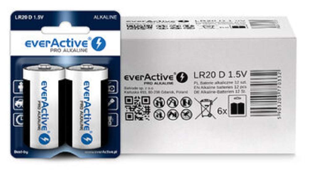 everActive Batterie D, confezione da 12 pezzi, Pro alcaline, Mono LR20 R20 1,5 V, massima potenza, durata 10 anni, 12 pezzi, 6 blister
