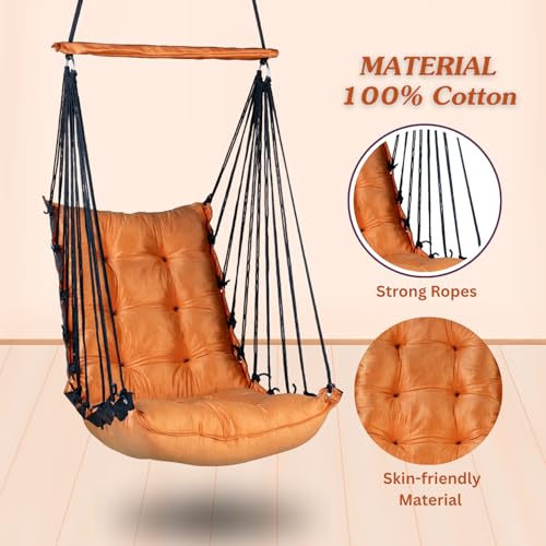 Image of Curio Centre Cotton Swinging Hammock Hanging Swing Chair /Hammock Swing for Adults & Kids /Swing for Indoor Outdoor, Garden & Patio /Durable Portable Jhula /Swing for Home - Orange