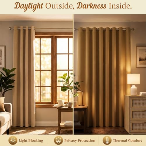 Image of 100% Blackout Window Curtains, 5 Feet, Solid Design, Faux Silk, Thermal Insulated, Noise Reducing Eyelet Door Curtain with Tie Back for Living Room & Bedroom, 115x150cm, Pack of 2 - Gold