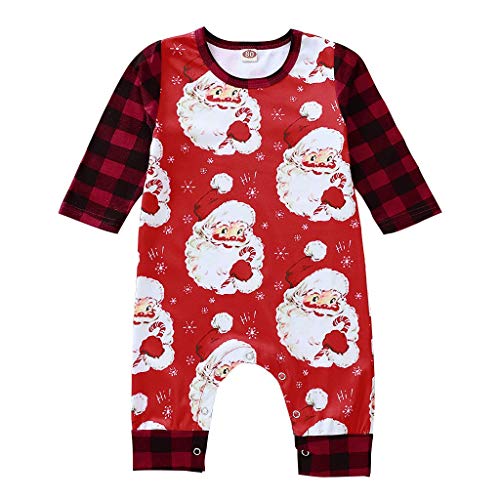 Newborn Infant Baby Boys Girls Romper Christmas Santa Printed Plaid Sleeve Jumpsuit Red