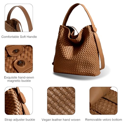Image of Large Woven Tote Bag Vegan Leather Shoulder Bag for Women Fashion Travel Shopper Bag Top Handle Handbag and Purse