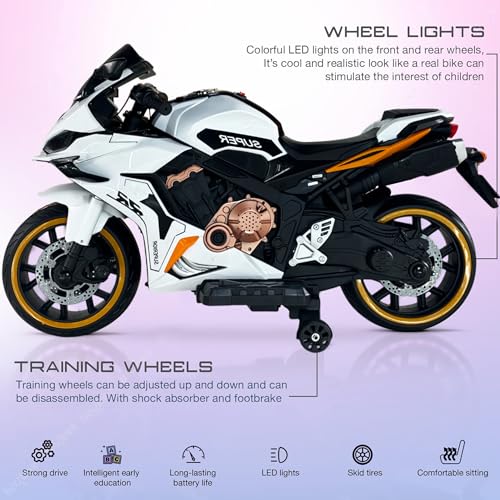 Image of Wishmaster Fully Assembled Double Seater Ride-On Bike for Kids 2-10 Years with LED Lights, Bluetooth Music, Realistic Sounds, Hand Accelerator, Foot Brake & 6 Months Motor Warranty